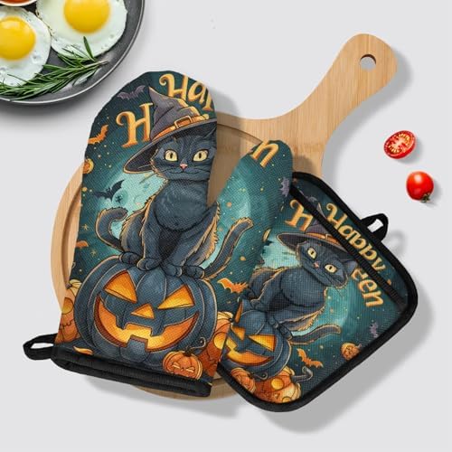 TropicalLife Halloween Black Cat Orange Pumpkin Oven Mitts Pot Holders Set