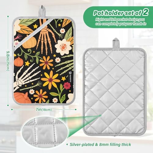 OurVii 2-Piece Halloween Seamless Pattern Bone and Floral Elements Potholders Set