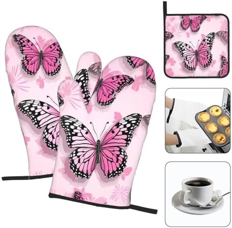 Edafol 3-Piece Oven Mitts and Potholders Set Heat-Resistant Pink Butterfly Design