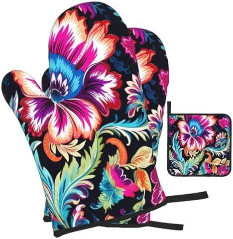 DXTKWLEthnic Vivid Colorful Oven Mitts Set Heat-Resistant