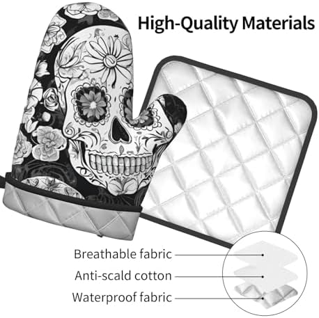 Floral Skull Oven Mitts Set Heat-Resistant Kitchen Potholders