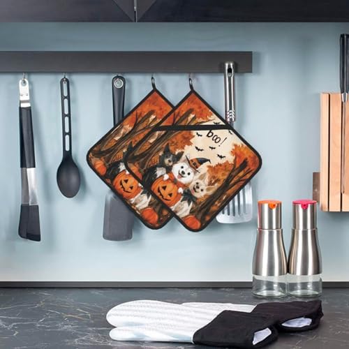 2-Piece Halloween Ghost Dog Pot Holder Mat Heat-Resistant Fun