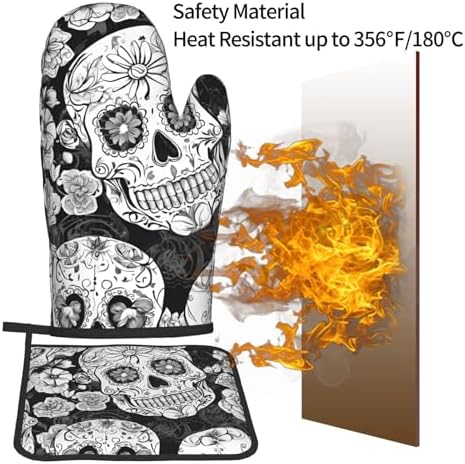 Floral Skull Oven Mitts Set Heat-Resistant Kitchen Potholders
