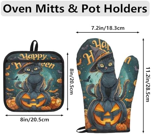 TropicalLife Halloween Black Cat Orange Pumpkin Oven Mitts Pot Holders Set