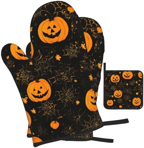 Halloween Pumpkin Print Oven Mitts Set of 3 Black