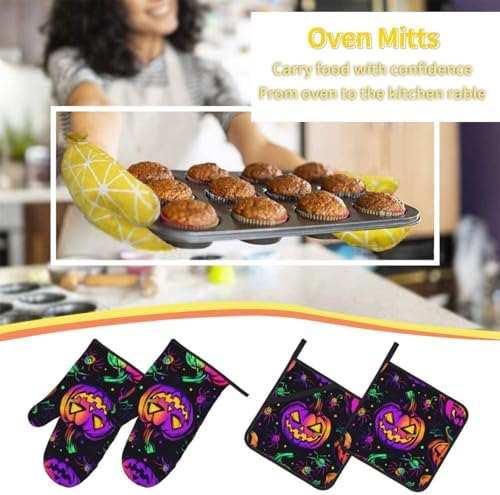 Halloween-Themed 4-Piece Oven Mitts Pot Holders Set for Baking Cooking
