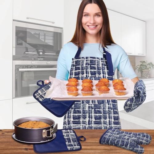 Alselo Oven Mitts and Pot Holders Set of 5 with Cooking Apron Navy