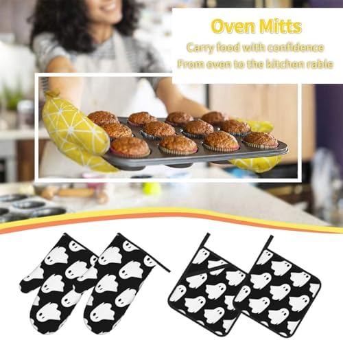 Cute White Halloween Pattern Oven Mitts and Pot Holders Set