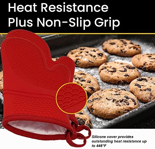 Heat Resistant Silicone Oven Mitts with Cotton Lining - Double Sided Red Pair