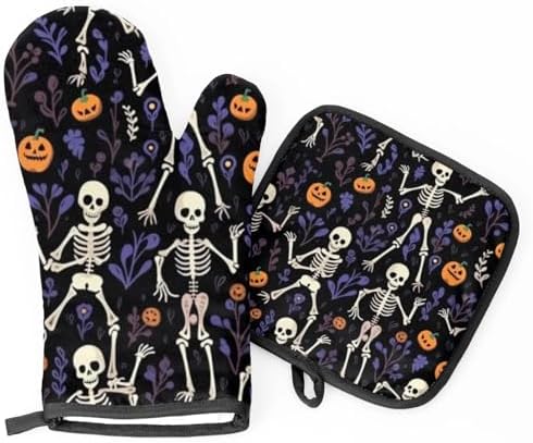 Aglebo Halloween Skull Flowers Oven Mitts Set of 2