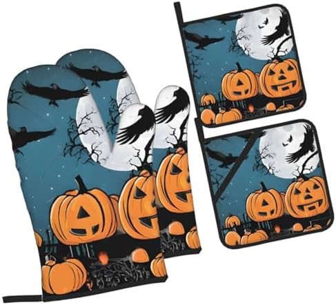 4-Piece Halloween Pumpkin Oven Mitts and Pot Holders Set