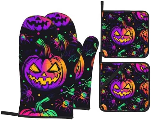 Halloween-Themed 4-Piece Oven Mitts Pot Holders Set for Baking Cooking