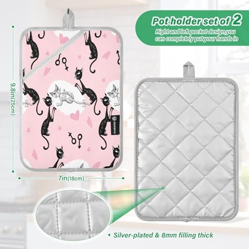 Hearts and Heat - White Cat Black Cat Potholders Set for Kitchen Uses