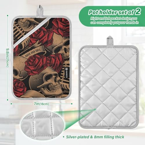 OURVII 2Pcs Skulls Red Roses Pot Holders Set Non-Slip
