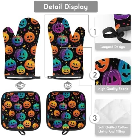Halloween Oven Mitts Pot Holders Set - Pumpkins with Safety