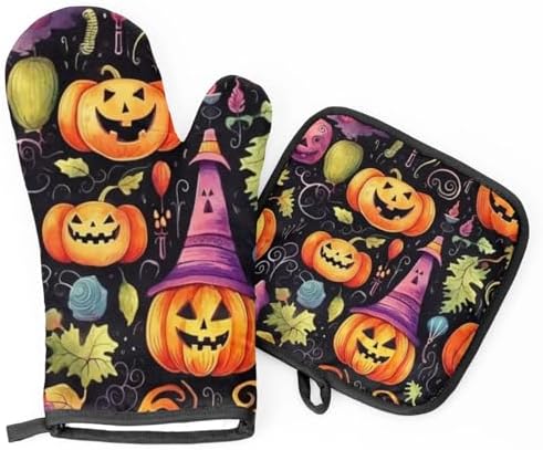 Halloween pumpkin leaves oven mitts and pot holders set