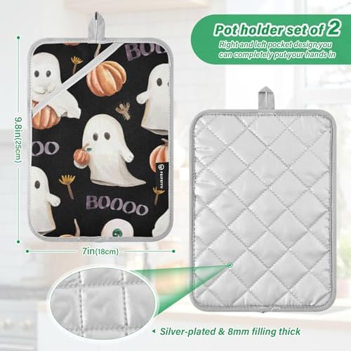 2Pcs Cute Halloween Pot Holder Set with Pockets and Non-Slip Design