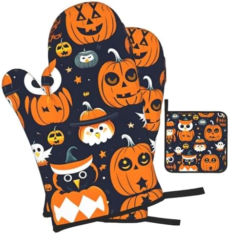 Trick Or Treat Halloween Owl Ghost Pumpkin Oven Mitts - Durable Waterproof Set
