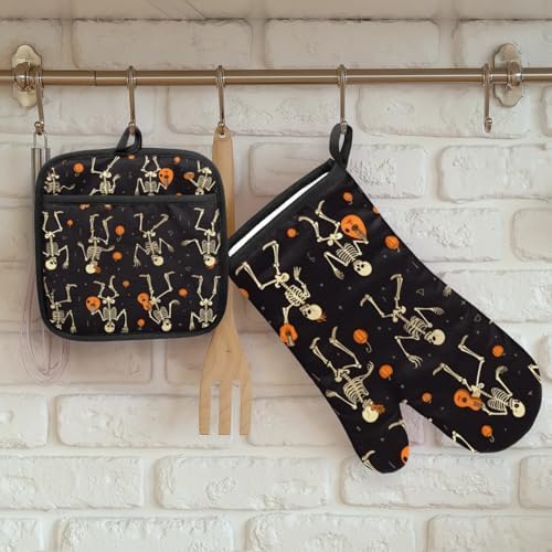 Aglebo Gigantic Halloween Skull Set Oven Mitts Pot Holders Heat-Resistant Safe
