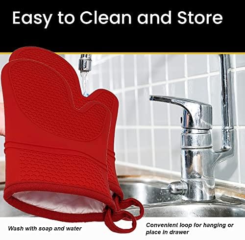 Heat Resistant Silicone Oven Mitts with Cotton Lining - Double Sided Red Pair