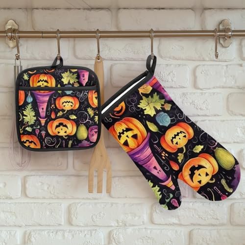 Halloween pumpkin leaves oven mitts and pot holders set