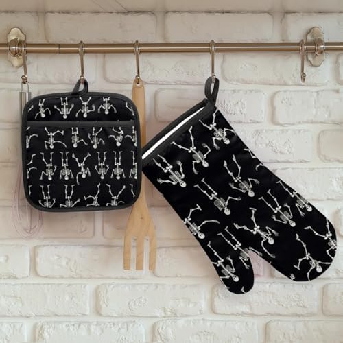 Perfect for Halloween - Cute Skull Oven Mitts Pot Holder Set of 2