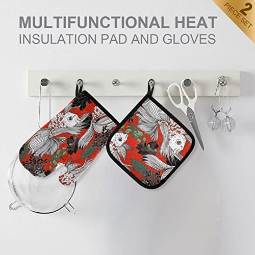 Exnundod Japanese Koi Carp Flowers Oven Mitts and Pot Holder Set