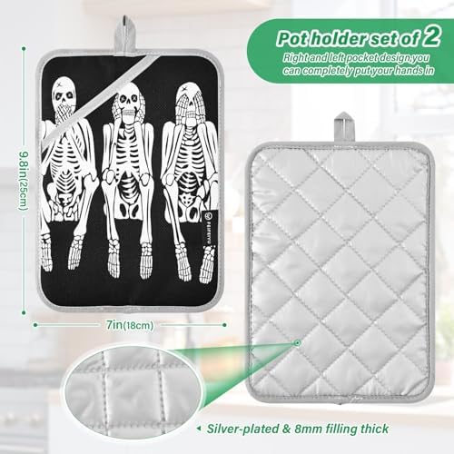 OurVii Funny Skeleton Kitchen Potholders - Halloween Heat Resistant Non-Slip 2-Pack