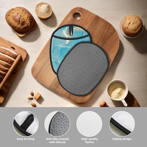 Jbofyee Heat-Resistant Silicone Potholders - Turquoise Marble 2-Piece Set
