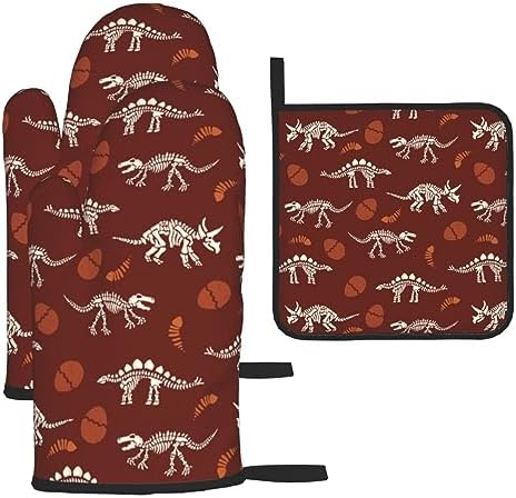 Dinosaur Oven Mitts and Pot Holders Set - Funny Heat Resistant Gloves