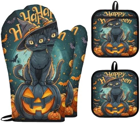 TropicalLife Halloween Black Cat Orange Pumpkin Oven Mitts Pot Holders Set