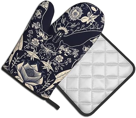 Halloween Bat Flower Oven Mitts Pot Holders Set Heat Resistant TrustyEssed