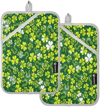 2Pack Green White Shamrock Potholders Heat Resistant