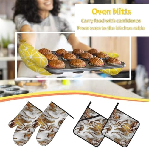 4 Pieces Gold and White Marble Oven Mitts Set with Hanging Loop