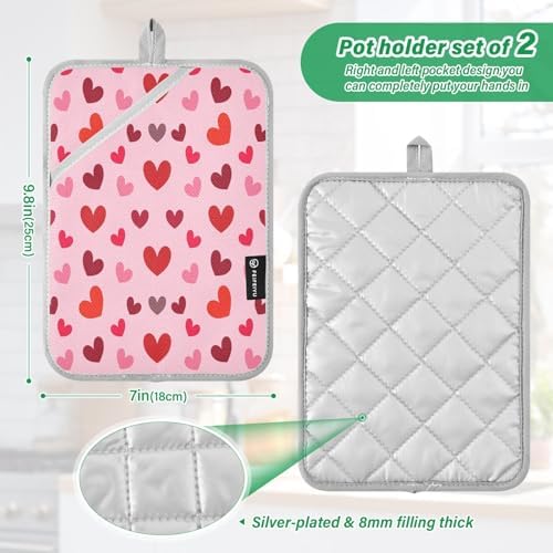Kcldeci Cute Hearts 2Pack Heat Resistant Oven Mitts and Potholders