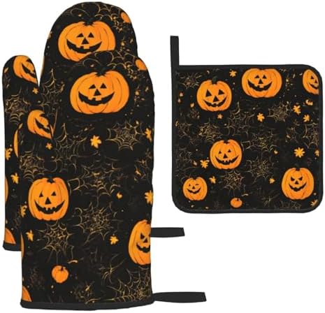 Halloween Pumpkin Print Oven Mitts Set of 3 Black