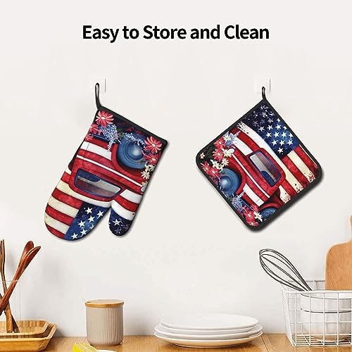 Quopvn 4th of July Patriotic USA Flag Oven Mitts Pot Holders 2pcs Set