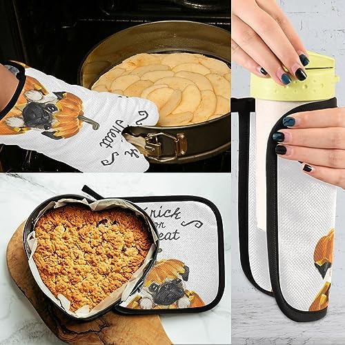 Halloween Pug Pumpkin Oven Mitts Set Heat-Resistant Trick or Treat Gloves