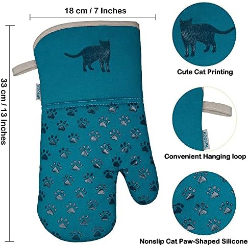 KOOKIM Cat Themed Oven Mitts Set of 2 - Teal