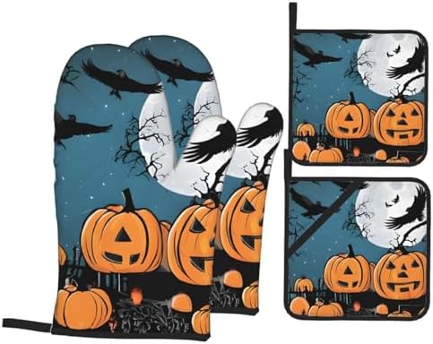4-Piece Halloween Pumpkin Oven Mitts and Pot Holders Set