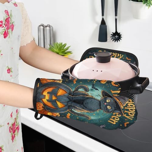 TropicalLife Halloween Black Cat Orange Pumpkin Oven Mitts Pot Holders Set