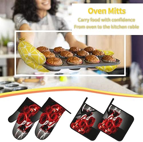 DONMYER Red Rose Oven Mitts and Pot Holders Set of 4