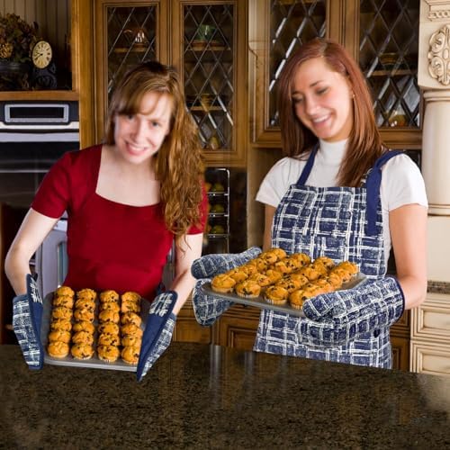 Alselo Oven Mitts and Pot Holders Set of 5 with Cooking Apron Navy