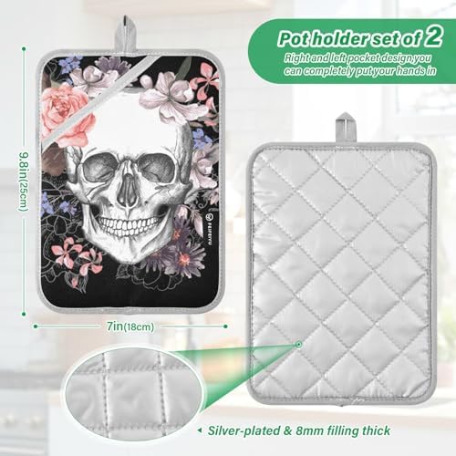 Two-Pack Halloween Skull Rose Pot Holder Set for Oven Kitchen Use