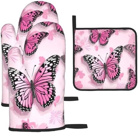 Edafol 3-Piece Oven Mitts and Potholders Set Heat-Resistant Pink Butterfly Design