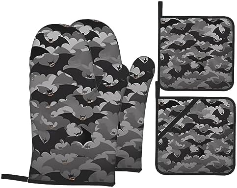 Halloween Bats Grey Ovenmitts Pot Holders Set - Heat Resistant Kitchen Gift