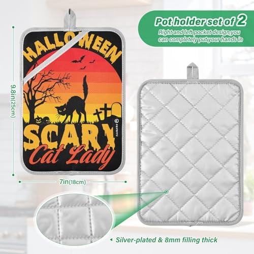 Scary Cat Lady Halloween Potholders with Pockets Non-Slip Kitchen Mat