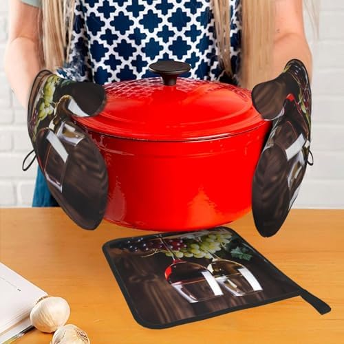Set of 3 Red Wine Glass Oven Mitts and Pot Holders