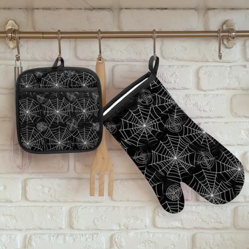 V Halloween Oven Mitts with Pot Holder Set Heat-Resistant Cooking Gloves