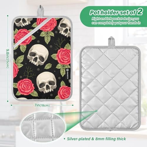 2Pcs Skull Red Roses Potholders with Pockets Non-Slip Mitts Set 1